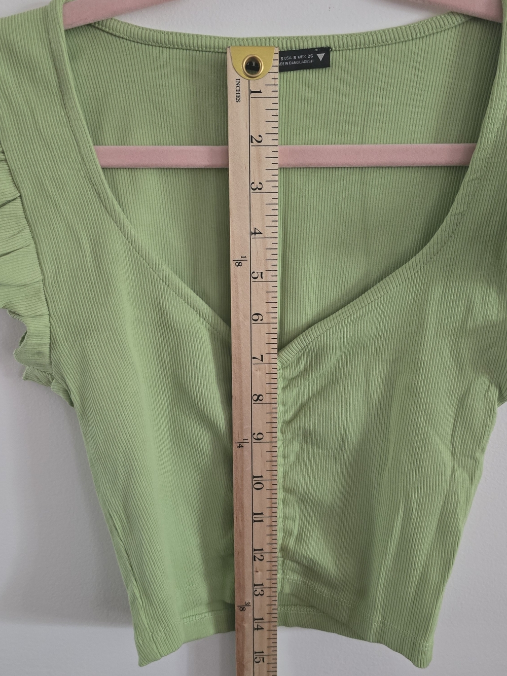 ZARA Lime Green Ribbed Ruffle Sleeve Crop Top Small S Ruched Drawstring V-Neck - Picture 8 of 8